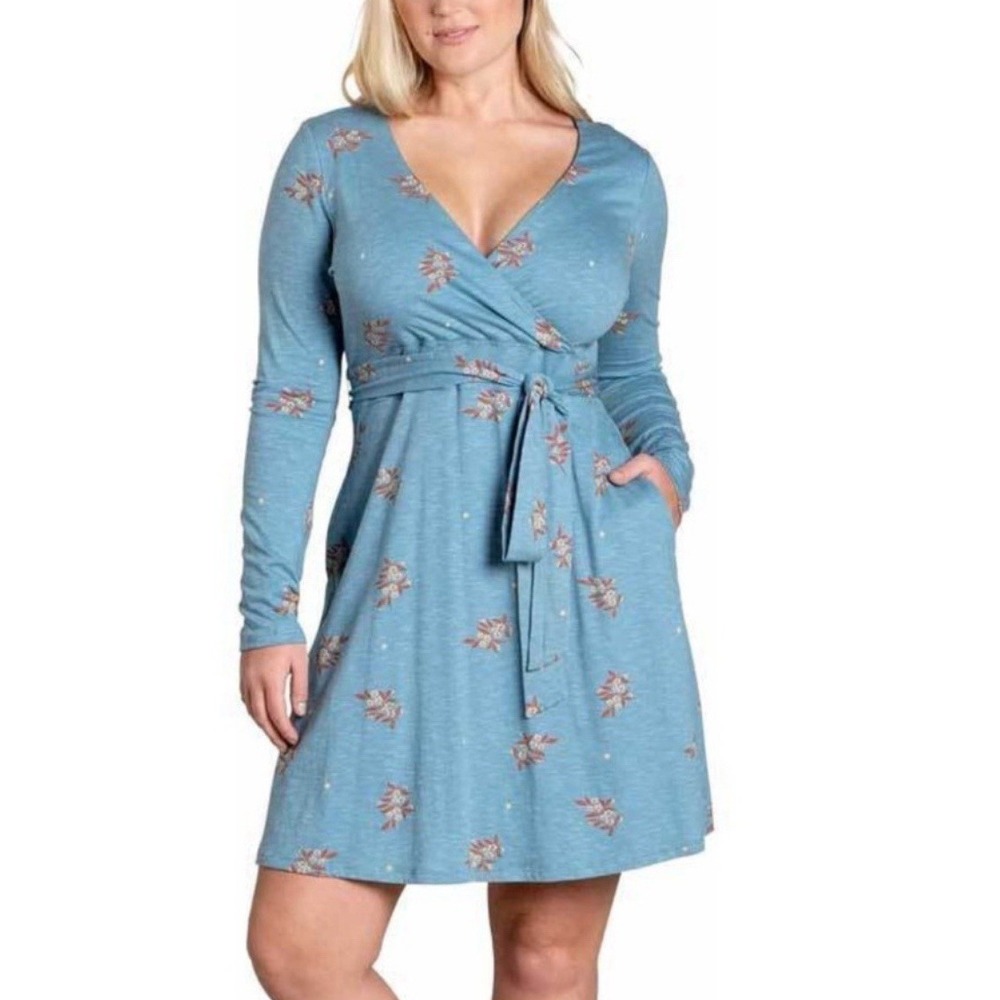 Toad&Co. Cue Faux Wrap Long Sleeve Dress A Line Casual Blue Floral Belted Sz L